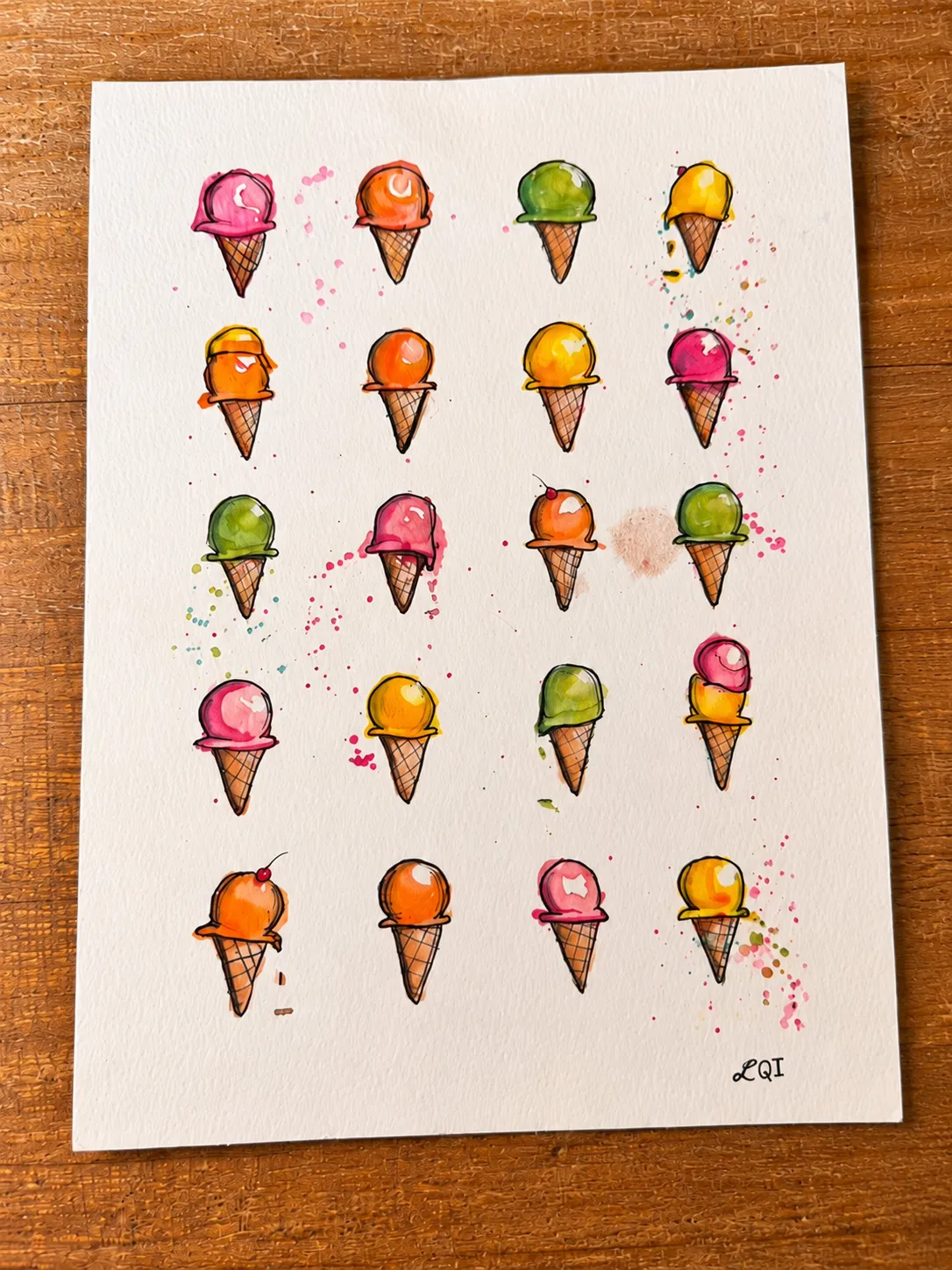 Ice Cream Social watercolor with rows of colorful ice cream cones