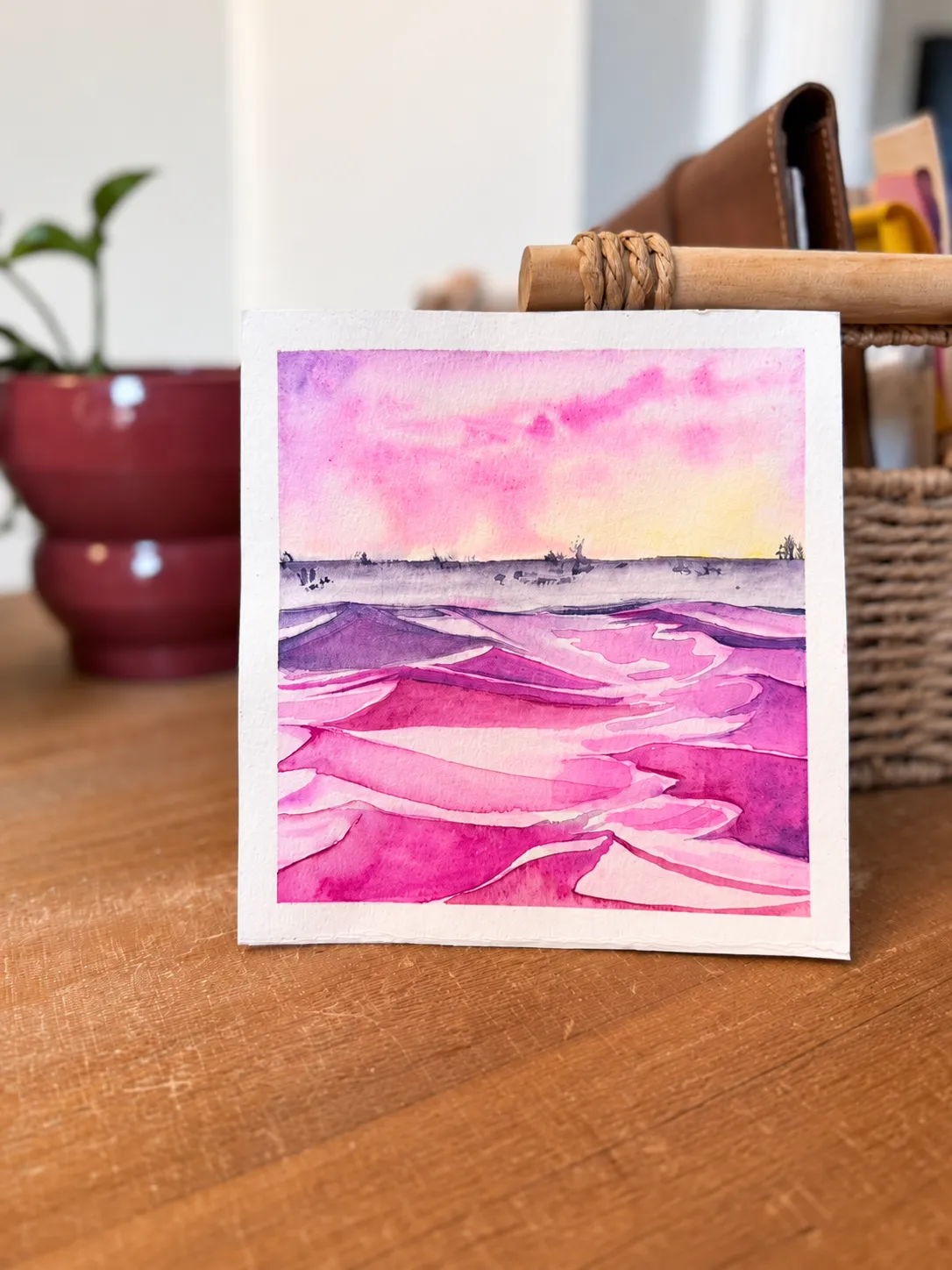 Pink sands, no. 1 standing beside a plant and woven basket