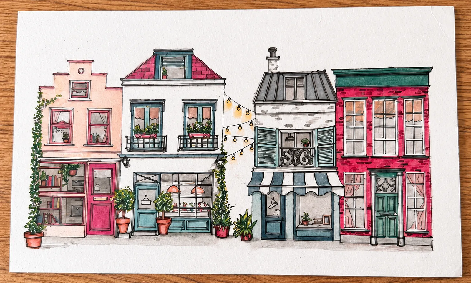 Watercolor and ink shopfronts on a wooden table